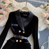 Wjczt Blazer Coat Women Velvet Suit Jacket Winter Double Breasted Long Sleeve Ladies Black Blazer Belt Women Slim Suit Blazer Outwear