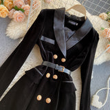 Wjczt Blazer Coat Women Velvet Suit Jacket Winter Double Breasted Long Sleeve Ladies Black Blazer Belt Women Slim Suit Blazer Outwear