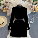 Wjczt Blazer Coat Women Velvet Suit Jacket Winter Double Breasted Long Sleeve Ladies Black Blazer Belt Women Slim Suit Blazer Outwear