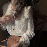 Wjczt French Vintage Blouse and Tops Women Casual Lace Elegant Shirts Female Sweet Peter Pan Collar Design Korean Style Tops Lady Y2k