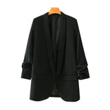 Wjczt Women Fashion Office Wear Basic Black Blazer Coat Vintage Pleated Sleeve Pockets Female Outerwear Chic Tops