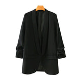 Wjczt Women Fashion Office Wear Basic Black Blazer Coat Vintage Pleated Sleeve Pockets Female Outerwear Chic Tops