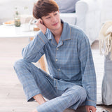 Wjczt Summer Casual Striped Cotton Pajama Sets for Men Short Sleeve Long Pants Sleepwear Pyjama Male Homewear Lounge Wear Clothes