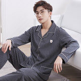 Wjczt Summer Casual Striped Cotton Pajama Sets for Men Short Sleeve Long Pants Sleepwear Pyjama Male Homewear Lounge Wear Clothes