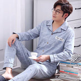 Wjczt Summer Casual Striped Cotton Pajama Sets for Men Short Sleeve Long Pants Sleepwear Pyjama Male Homewear Lounge Wear Clothes