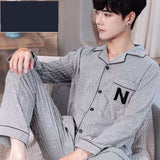 Wjczt Summer Casual Striped Cotton Pajama Sets for Men Short Sleeve Long Pants Sleepwear Pyjama Male Homewear Lounge Wear Clothes