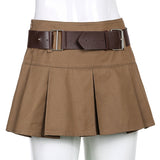 Wjczt Indie Aesthetics Low Waist Pleated Skirts 90s Fashion Cute A-line Brown Skirt Y2K Vintage Streetwear Micro Bottoms