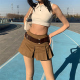 Wjczt Indie Aesthetics Low Waist Pleated Skirts 90s Fashion Cute A-line Brown Skirt Y2K Vintage Streetwear Micro Bottoms