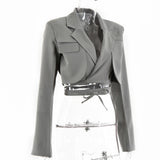 Wjczt Gray Double Layer Bandage Slim Blazer Desigual Women Long Sleeve Pocket Short Jacket Female Outwear 2022 Crop Tops