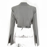 Wjczt Gray Double Layer Bandage Slim Blazer Desigual Women Long Sleeve Pocket Short Jacket Female Outwear 2022 Crop Tops