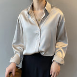 Wjczt Autumn Fashion Button Up Satin Silk Shirt Vintage Blouse Women White Lady Long Sleeves Female Loose Street Shirts 11355