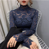 Wjczt Women&#39;s Lace Turtleneck Grenadine Tight Lace Shirt Sexy Top Blusas Ropa De Mujer