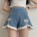 Wjczt Cute Lolita Girls Denim Shorts Japanese Sweet High Waist Lace Irregular Women&#39;s Shorts S-4XL Summer Kawaii Sexy Blue Shorts