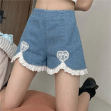 Wjczt Cute Lolita Girls Denim Shorts Japanese Sweet High Waist Lace Irregular Women&#39;s Shorts S-4XL Summer Kawaii Sexy Blue Shorts