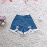 Wjczt Cute Lolita Girls Denim Shorts Japanese Sweet High Waist Lace Irregular Women&#39;s Shorts S-4XL Summer Kawaii Sexy Blue Shorts