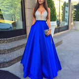 Wjczt Women&#39;s Sequined Long splice Wedding Party Dress Sleeveless V-neck Blue A-line Elegant Chiffon Dresses Bridesmaid Dinner Dress