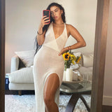 Wjczt Sexy Crochet Beach Maxi Summer Dress Women See Through Solid Backless Bandage Sleeveless Lacing Split Long Dresses Women&#39;s Dress