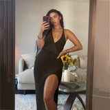 Wjczt Sexy Crochet Beach Maxi Summer Dress Women See Through Solid Backless Bandage Sleeveless Lacing Split Long Dresses Women&#39;s Dress