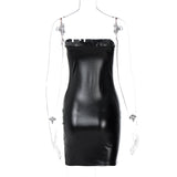 Wjczt 2022 Winter Autumn Women Dresses Solid Sexy Short Party Club Bodycon Strapless Leather Black Mini Dress For Women Female