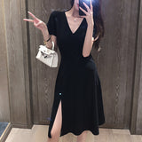 Wjczt Big size women&#39;s 2022 new heart machine V collar open fork French small black skirt fat mm age thin dress summer