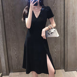 Wjczt Big size women&#39;s 2022 new heart machine V collar open fork French small black skirt fat mm age thin dress summer