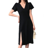 Wjczt Big size women&#39;s 2022 new heart machine V collar open fork French small black skirt fat mm age thin dress summer