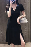 Wjczt Big size women&#39;s 2022 new heart machine V collar open fork French small black skirt fat mm age thin dress summer