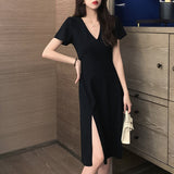 Wjczt Big size women&#39;s 2022 new heart machine V collar open fork French small black skirt fat mm age thin dress summer