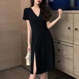 Wjczt Big size women&#39;s 2022 new heart machine V collar open fork French small black skirt fat mm age thin dress summer