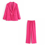 Wjczt 2022 Women Two-piece Set Satin Rose Red Vintage Office Lady Single Button Blazer Female Elastic High Waist Pants Suits