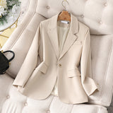 Wjczt Autumn Chic Solid Color Elegant Apricot Blazer Women Jacket Ladies Single Button Loose V-Neck Long Sleeve Cardigan