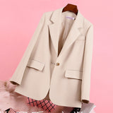 Wjczt Autumn Chic Solid Color Elegant Apricot Blazer Women Jacket Ladies Single Button Loose V-Neck Long Sleeve Cardigan