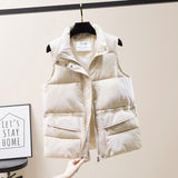 Wjczt Solid Short Style Vest for Women Cotton Padded  Women&#39;s Winter Sleeveless Jacket with Zipper Stand Collar Casual Coats