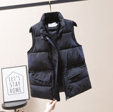 Wjczt Solid Short Style Vest for Women Cotton Padded  Women&#39;s Winter Sleeveless Jacket with Zipper Stand Collar Casual Coats