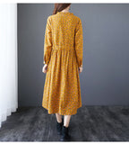 Wjczt New 2022 Autumn Women&#39;s Dress Floral Print Casual Loose Fashion Cotton Linen Long Sleeve Elegant Ladies Dresses Blue Yellow