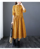 Wjczt New 2022 Autumn Women&#39;s Dress Floral Print Casual Loose Fashion Cotton Linen Long Sleeve Elegant Ladies Dresses Blue Yellow