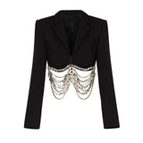 Wjczt Black Patchwork Chains Two Piece Set Women Notched Long Sleeve Short Blazer High Waist Mini Skirt Women&#39;s Suit 2022