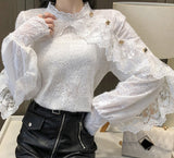 Wjczt New Crochet Lace Blouse Women  Chic Ruffle Lace Stitching Shawl Ladies Stand Collar Tops 2022 Spring Long Sleeve Slim Shirt13025