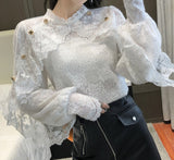 Wjczt New Crochet Lace Blouse Women  Chic Ruffle Lace Stitching Shawl Ladies Stand Collar Tops 2022 Spring Long Sleeve Slim Shirt13025