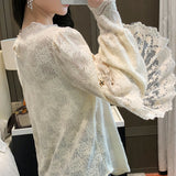 Wjczt New Crochet Lace Blouse Women  Chic Ruffle Lace Stitching Shawl Ladies Stand Collar Tops 2022 Spring Long Sleeve Slim Shirt13025