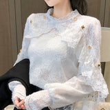 Wjczt New Crochet Lace Blouse Women  Chic Ruffle Lace Stitching Shawl Ladies Stand Collar Tops 2022 Spring Long Sleeve Slim Shirt13025