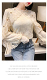 Wjczt New Crochet Lace Blouse Women  Chic Ruffle Lace Stitching Shawl Ladies Stand Collar Tops 2022 Spring Long Sleeve Slim Shirt13025