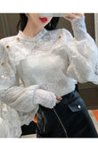 Wjczt New Crochet Lace Blouse Women  Chic Ruffle Lace Stitching Shawl Ladies Stand Collar Tops 2022 Spring Long Sleeve Slim Shirt13025