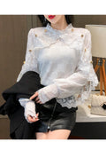 Wjczt New Crochet Lace Blouse Women  Chic Ruffle Lace Stitching Shawl Ladies Stand Collar Tops 2022 Spring Long Sleeve Slim Shirt13025