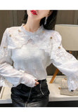 Wjczt New Crochet Lace Blouse Women  Chic Ruffle Lace Stitching Shawl Ladies Stand Collar Tops 2022 Spring Long Sleeve Slim Shirt13025