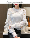 Wjczt New Crochet Lace Blouse Women  Chic Ruffle Lace Stitching Shawl Ladies Stand Collar Tops 2022 Spring Long Sleeve Slim Shirt13025