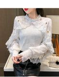 Wjczt New Crochet Lace Blouse Women  Chic Ruffle Lace Stitching Shawl Ladies Stand Collar Tops 2022 Spring Long Sleeve Slim Shirt13025