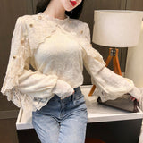 Wjczt New Crochet Lace Blouse Women  Chic Ruffle Lace Stitching Shawl Ladies Stand Collar Tops 2022 Spring Long Sleeve Slim Shirt13025