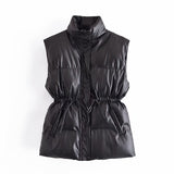 Wjczt  Women 2022 Fashion Leather Cotton Pocket Padded Waistcoat Vintage Sleeveless Female Outerwear Streetwear