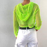 Wjczt Streetwear Neon Green Mesh Fishnet Top Women Tshirt Perspective Smock Long Sleeve Women&#39;s T-shirts Sexy Cropped Shirt